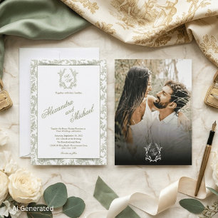 Sage Green Toile Floral Monogram Photo Wedding Invitation