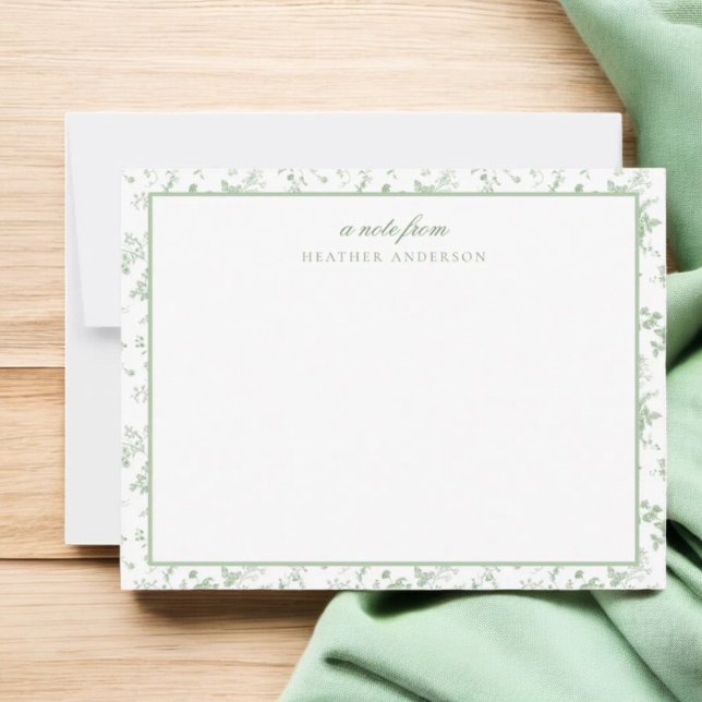 Sage Green Toile Floral Personalized Stationery Card (Creator Uploaded)