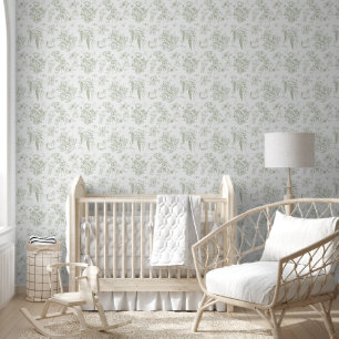 Sage Green Toile Floral Teddy Bear Elegant Classic Wallpaper