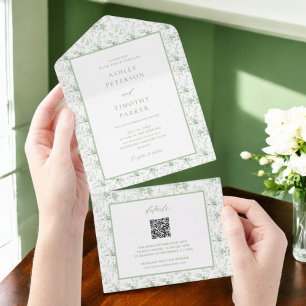 Sage Green Toile Vintage Floral Classic Wedding All In One Invitation