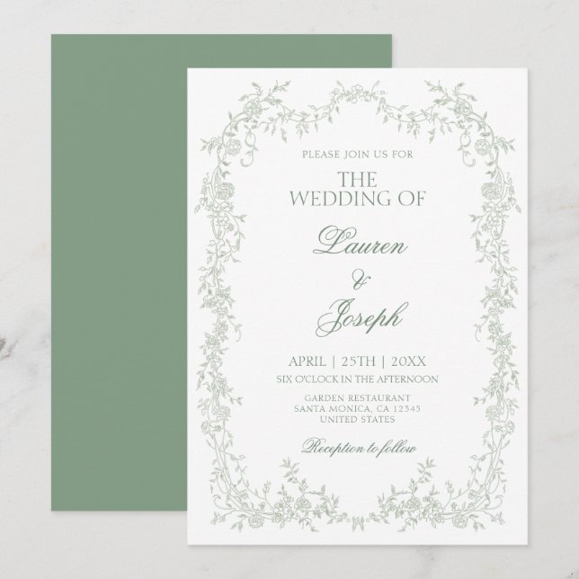 Sage Green Toile Wedding Invitation (Front/Back)