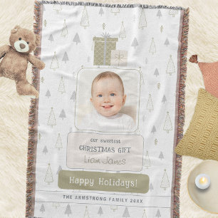 Sage Green Trees Baby First Christmas Photo Throw Blanket