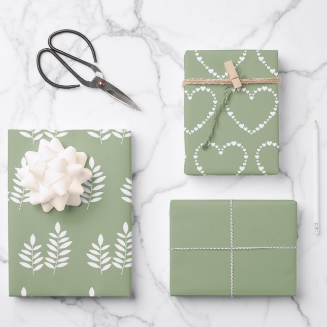 Sage Green Trendy Minimalist Simple Heart Elegant Wrapping Paper Sheet (Front)