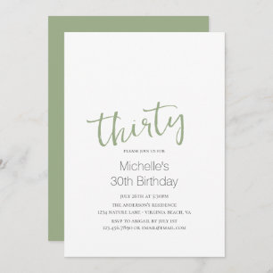 Sage Green Trendy Modern Minimalist 30th Birthday Invitation