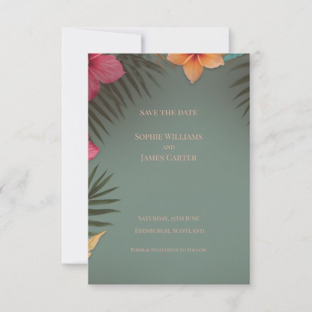 Sage Green Tropical Hibiscus Palm Wedding Save The Date (Front)