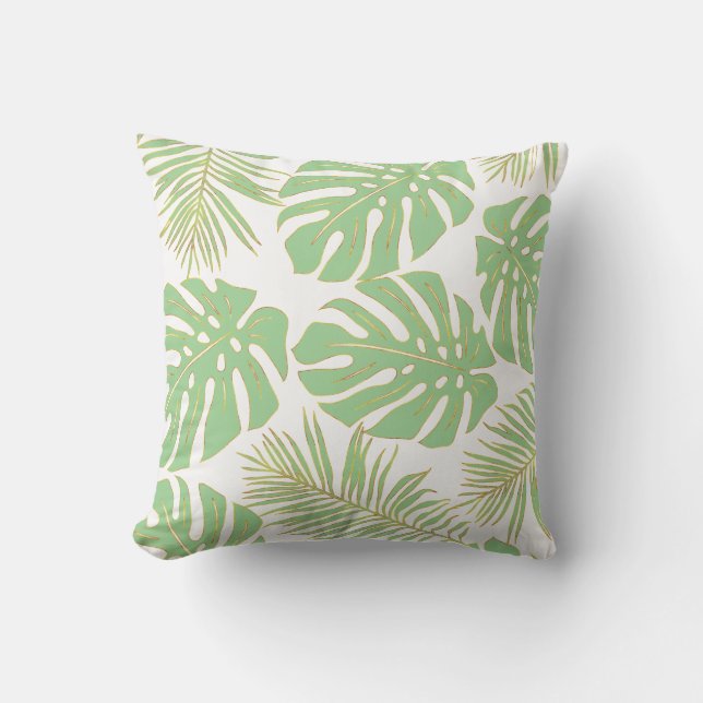 Sage green tropical monstera leaves pattern outdoor pillow (Front)
