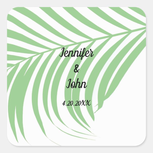 Sage Green Tropical Palm Tree Leaf Cute Wedding Square Sticker (Front)