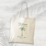 Sage Green Tropical Palm Tree Wedding Welcome Tote Bag<br><div class="desc">Customize this blue "Welcome" tote bag with your own special touch. This design features modern script,  sage green text and artistic palm tree. Personalize it with your names,  wedding date and location. If you need help or matching items,  please contact me.</div>