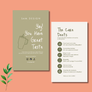 Sage Green Tumbler Care Instruction Card