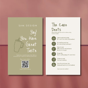 Sage Green Tumbler Care Instruction Card & QR code