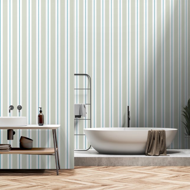 Sage Green Turquoise 3 Inch Wide Awning Stripe Wallpaper (Bathroom)