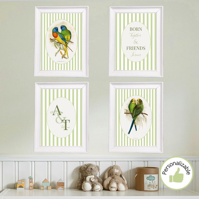 Sage Green Twins Lovebirds Baby Nursery Décor (Soft Pastel Sage Green Twins Lovebirds Boy Girl Gender Neutral Baby Nursery Decor Wall Art Sets)