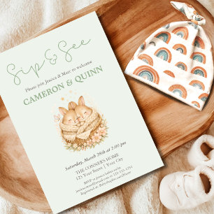 Sage Green Two Bunnies Twins Sip and See  Invitation