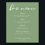 Sage Green Typography Minimalist Wedding Bar Menu Poster<br><div class="desc">This simple solid sage green wedding bar menu poster features elegant white script for an outdoor ceremony in a nature setting. Minimalist typography on peaceful light green drinks list sign for a rustic venue outside near a forest of trees.</div>