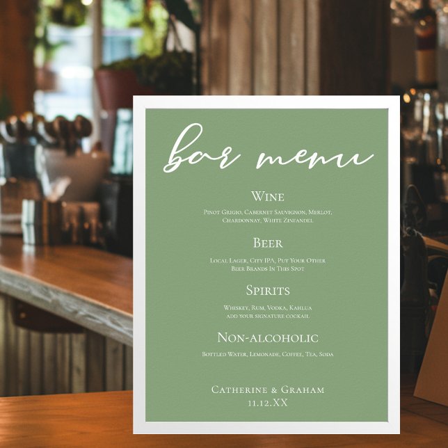 Sage Green Typography Minimalist Wedding Bar Menu Poster (Creator Uploaded)