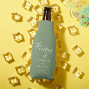 Sage Green Typography Personalized Wedding Bottle Cooler
