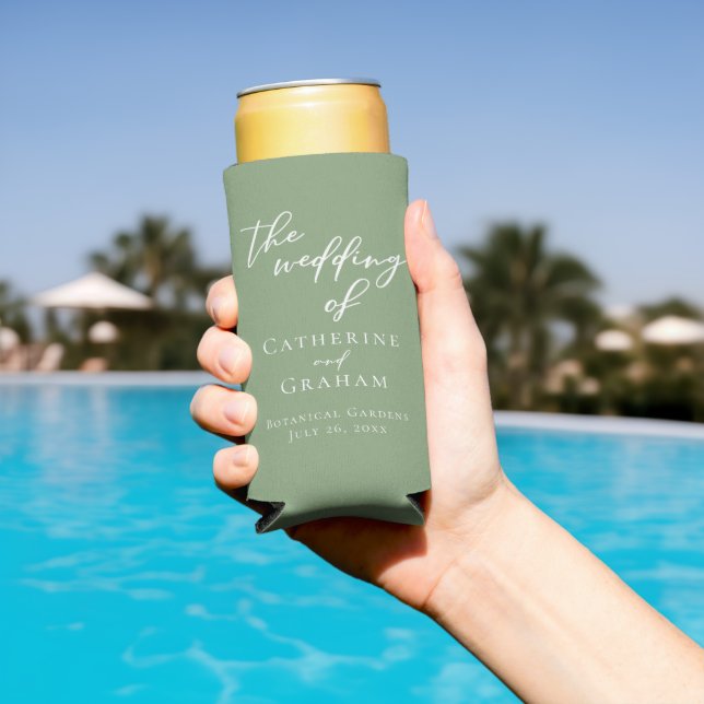Sage Green Typography Personalized Wedding Seltzer Can Cooler (In Situ Pool)
