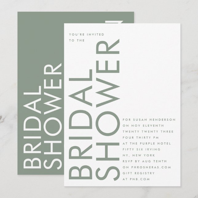 Sage Green Ultra Modern Custom Name Bridal Shower Invitation (Front/Back)
