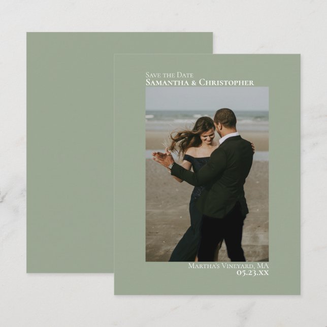 Sage Green Vertical Photo Minimalist Wedding Save The Date (Front/Back)
