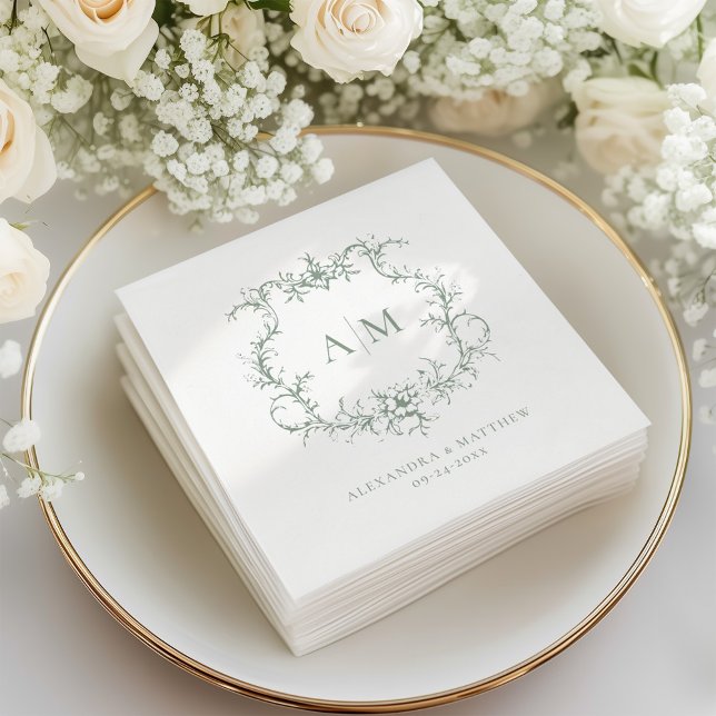 Sage Green Victorian Baroque Floral Crest Wedding Napkin (Creator Uploaded)