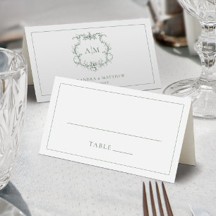 Sage Green Victorian Baroque Floral Crest Wedding Place Card