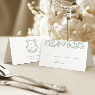 Sage Green Vintage Baroque Monogram Crest Wedding Place Card