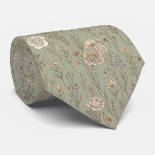 Sage Green  Vintage Botanical Meadow Pattern Tie