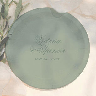 Sage Green Vintage Calligraphy Wedding Paper Plate