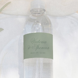 Sage Green Vintage Calligraphy Wedding Water Bottle Label