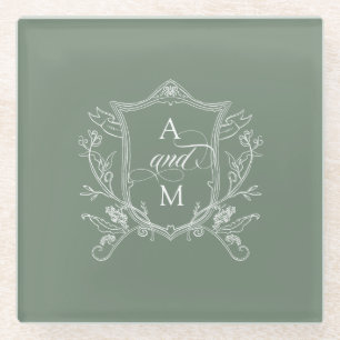 Sage Green Vintage Crest Wedding Glass Coaster