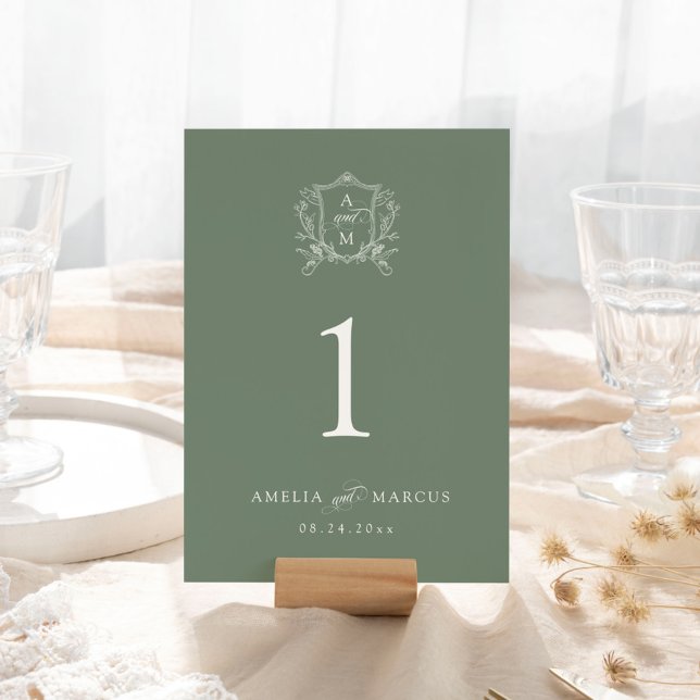 Sage Green Vintage Crest Wedding Table Number (Creator Uploaded)
