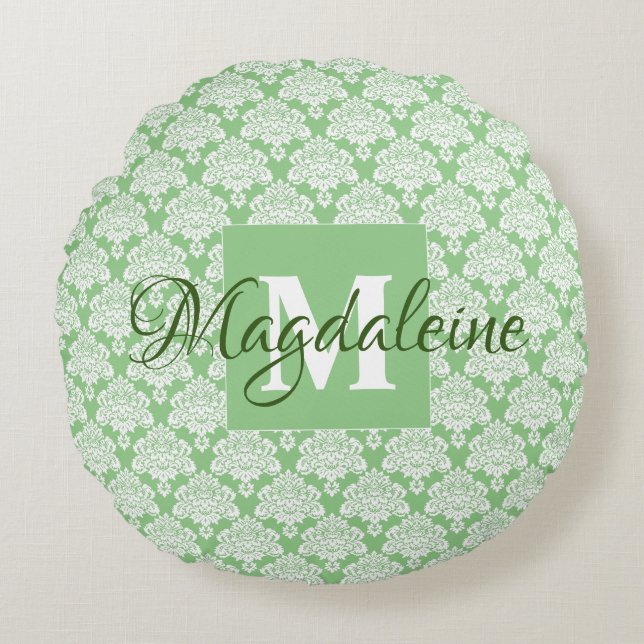 Sage Green Vintage Damask Monogram & Name  Round Pillow (Front)