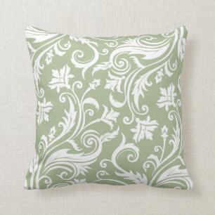 Sage Green Vintage Damask Pattern Throw Pillow