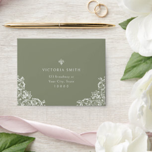 Sage Green Vintage Elegant Wedding RSVP Envelope
