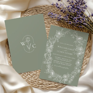 Sage Green Vintage Floral Botanical Wedding Invitation