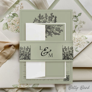 Sage Green Vintage Floral Garden Monogram Wedding Invitation Belly Band