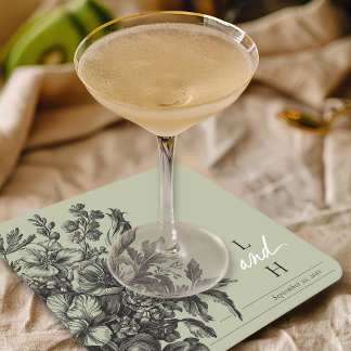 Sage Green Vintage Floral Monogram Wedding Square Paper Coaster