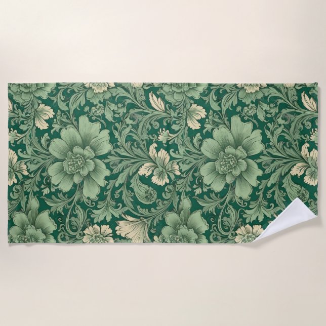Sage Green Vintage Floral Pattern  Beach Towel (Front)