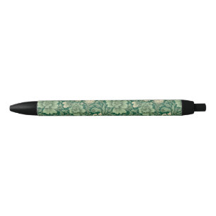 Sage Green Vintage Floral Pattern  Black Ink Pen