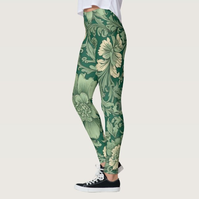 Sage Green Vintage Floral Pattern  Leggings (Left)