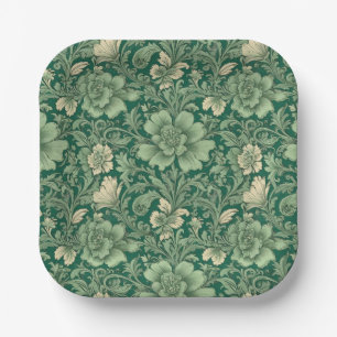 Sage Green Vintage Floral Pattern Paper Plate