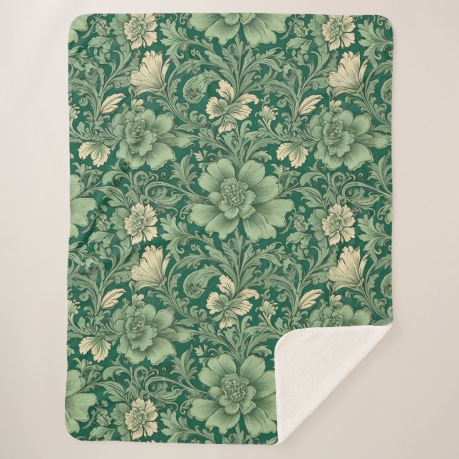Sage Green Vintage Floral Pattern  Sherpa Blanket (Front)