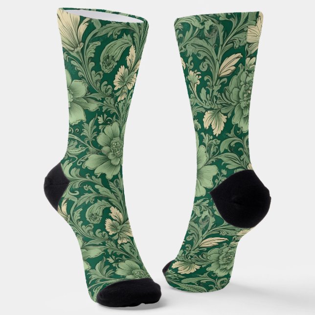 Sage Green Vintage Floral Pattern  Socks (Angled)
