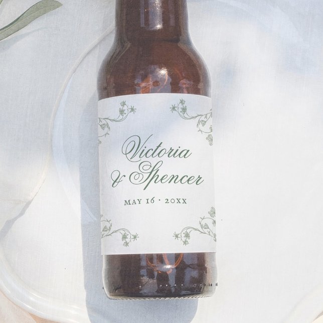 Sage Green Vintage Floral Wedding Beer Bottle Label (Creator Uploaded)