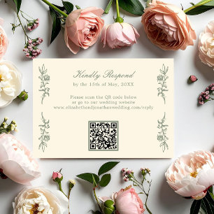 Sage Green Vintage Floral Wedding RSVP QR Code Card