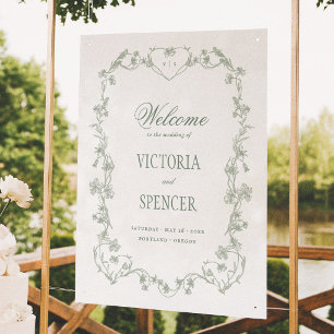 Sage Green Vintage Floral Wedding Welcome Sign