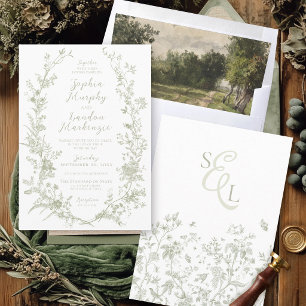 Sage Green Vintage Floral Wreath Boho Chic Wedding Invitation
