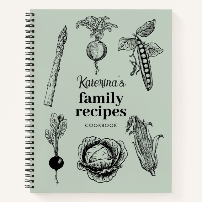 Sage Green Vintage Food Sketches Recipe Notebook (Front)