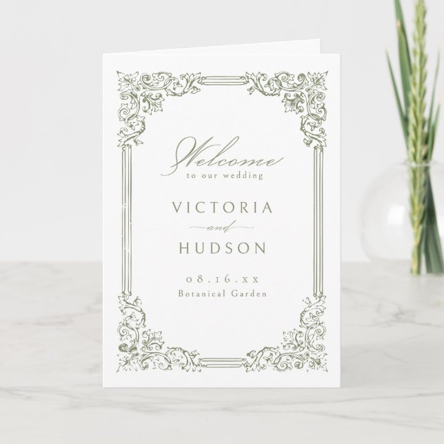 Sage Green Vintage Frame Elegant Script Wedding Program (Front)