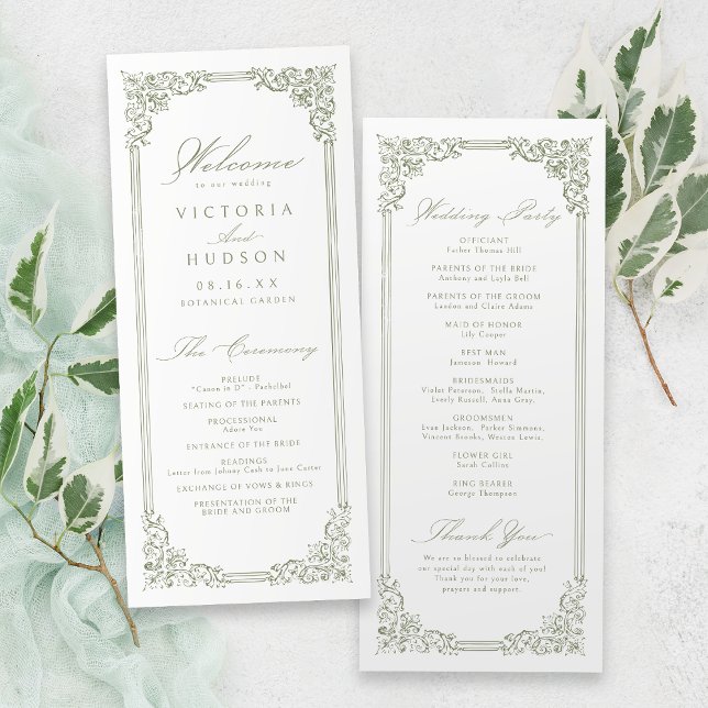 Sage Green Vintage Frame Elegant Script Wedding Program (Sage Green Vintage Frame Elegant Script Wedding Program)